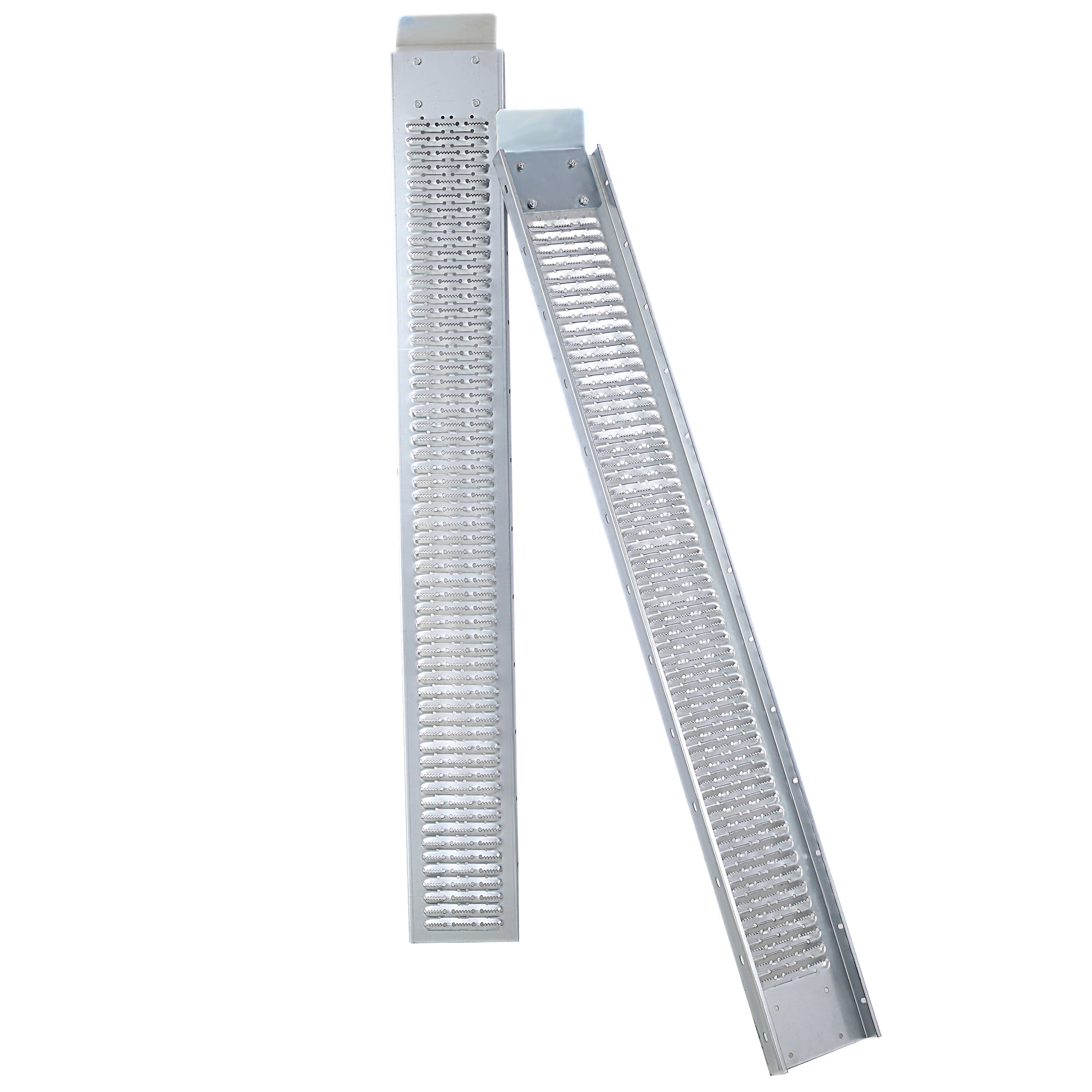 Silver metal loading ramp with grooved surface for traction essential for easy equipment transport