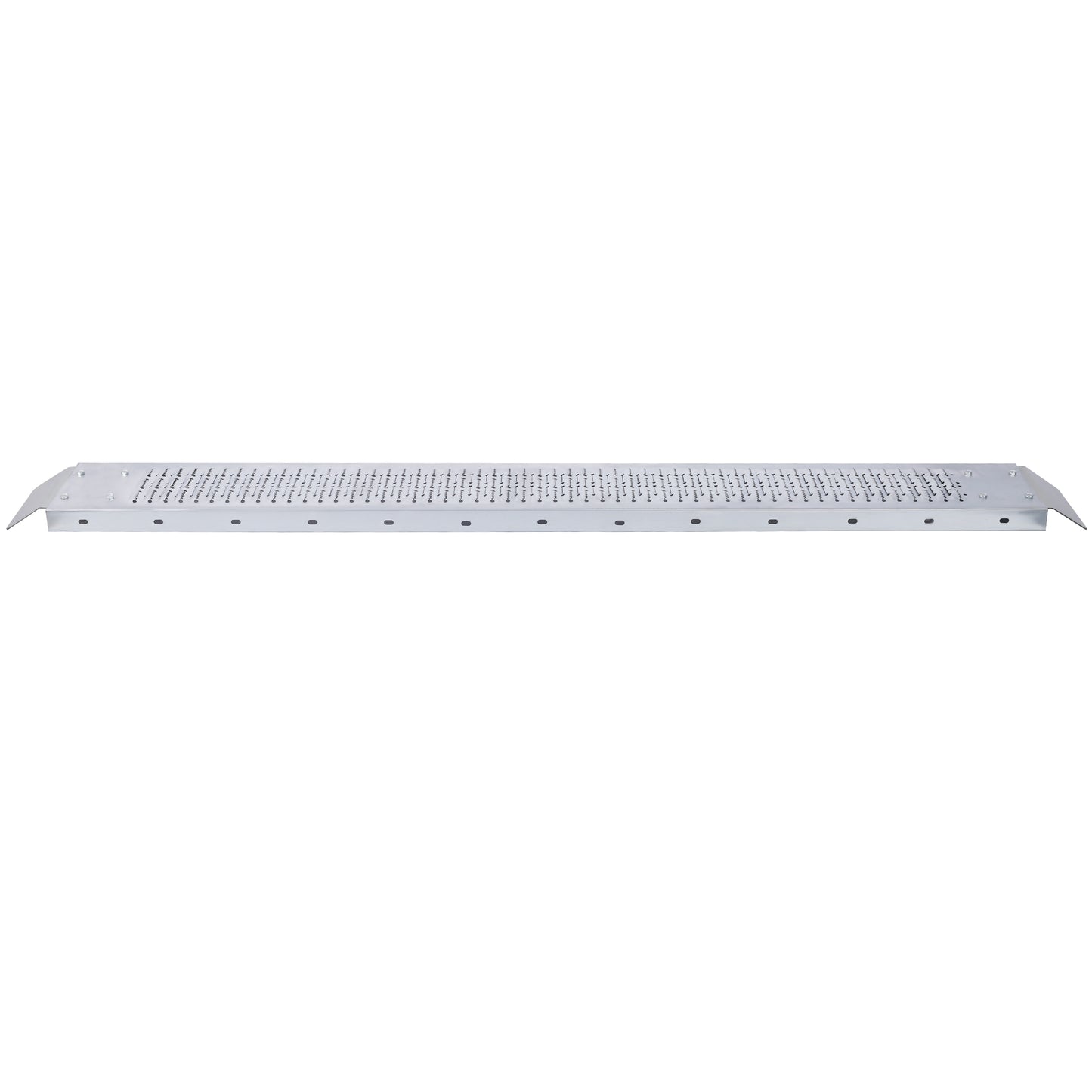 Silver metal loading ramp with perforated surface for traction and angled ends