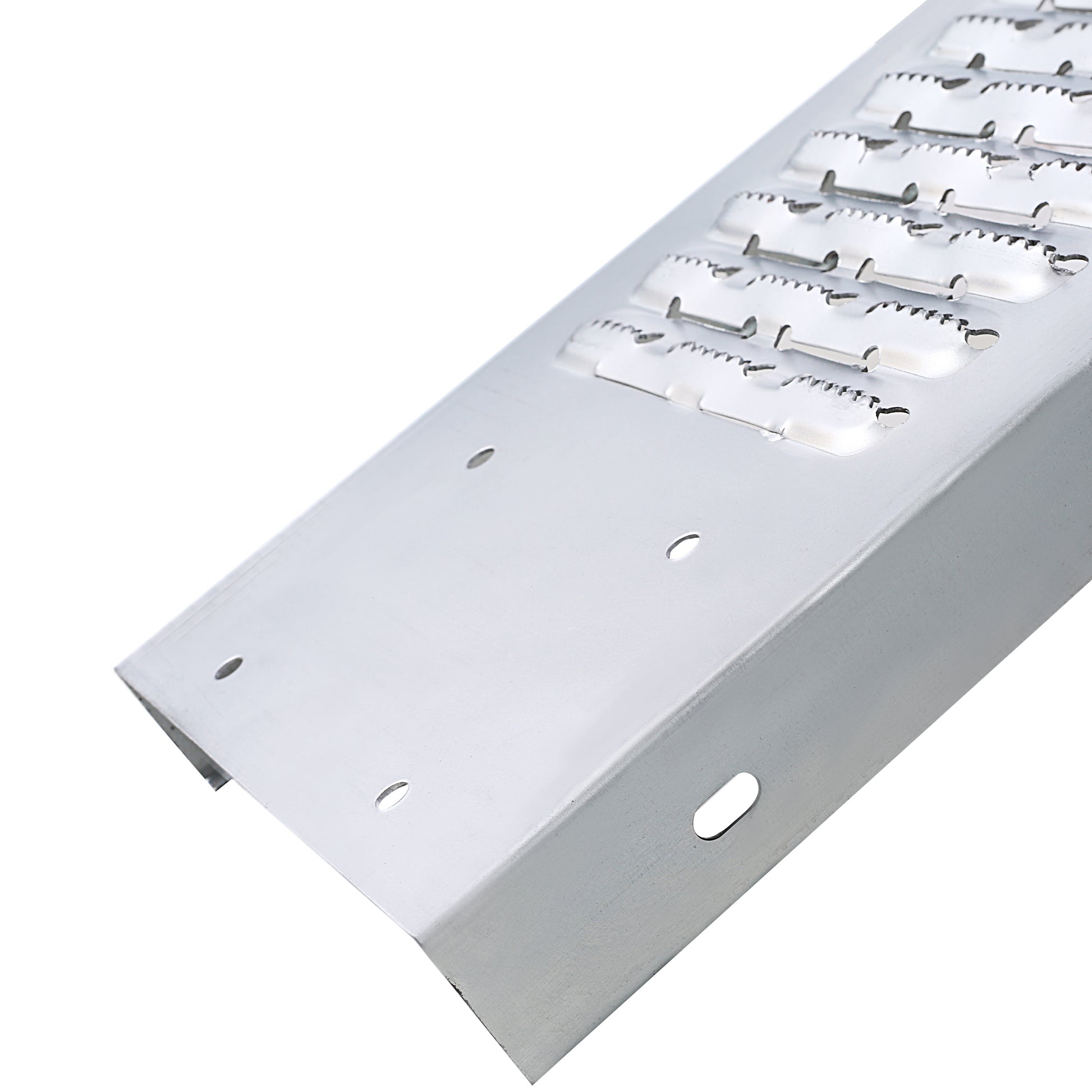 Closeup of a silver metal loading ramp with textured grip surface for secure cargo transport