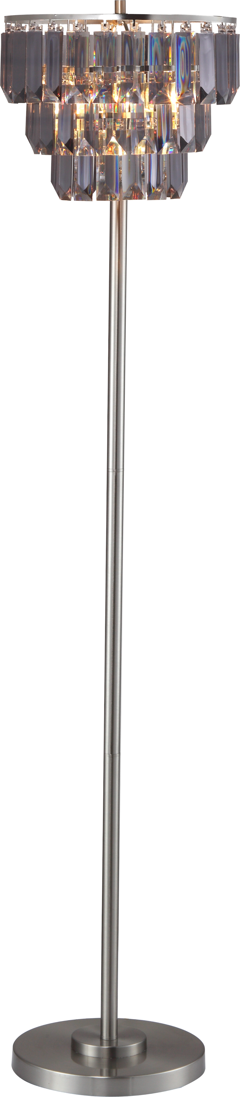 Floor lamp with brushed nickel finish and tiered crystal accents