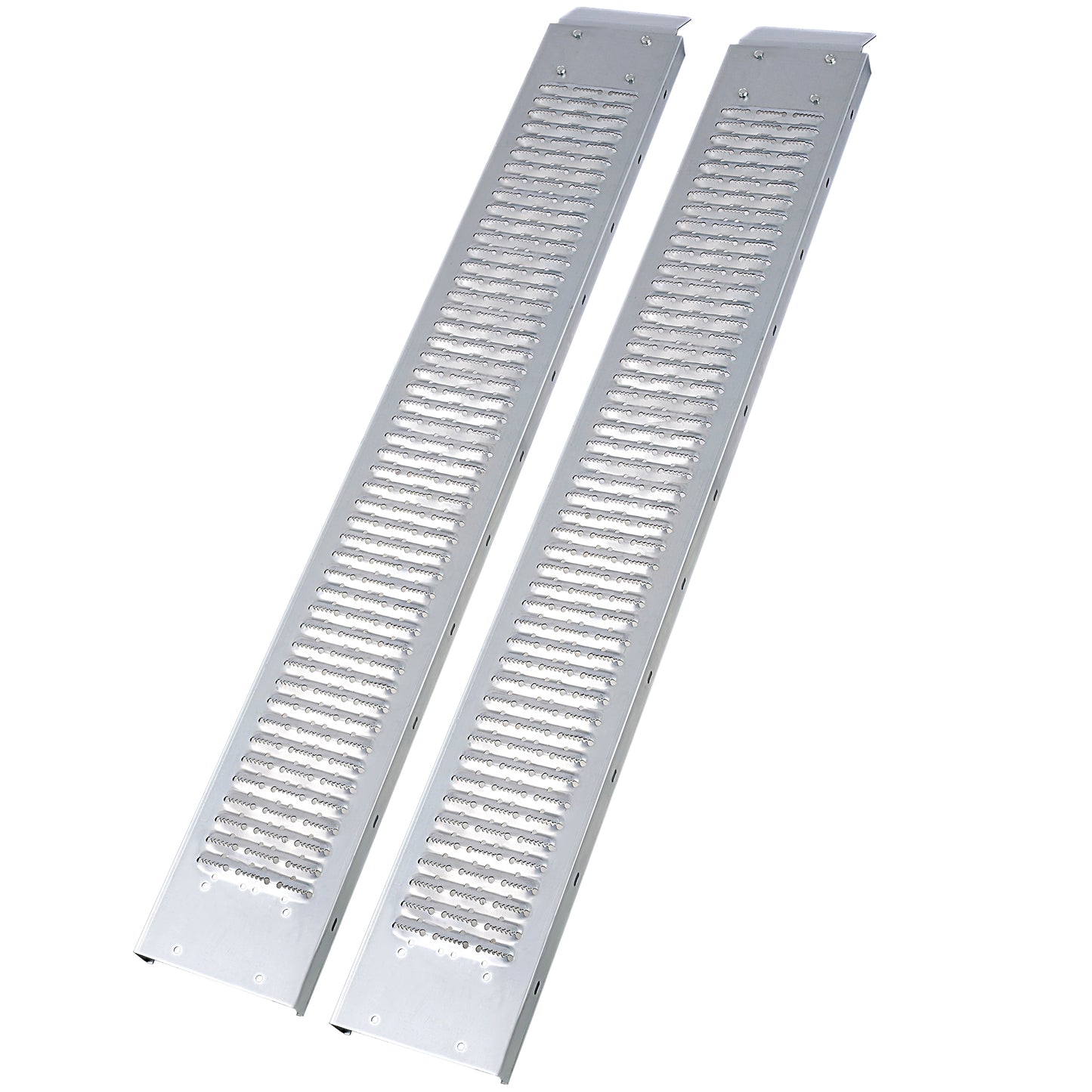 Pair of silver aluminum loading ramps with perforated grip surface