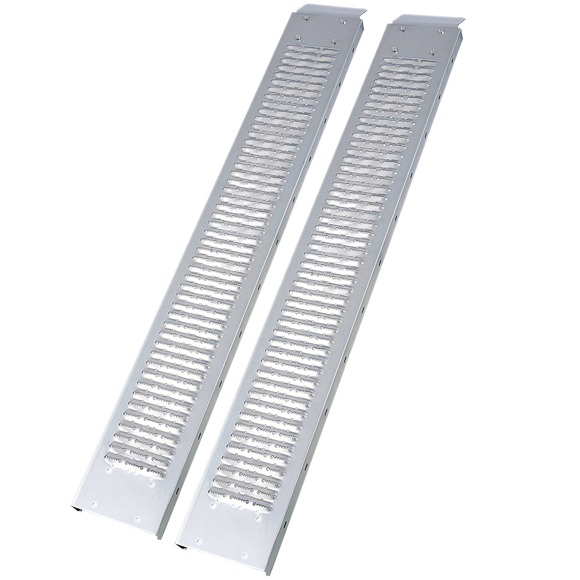 Pair of silver aluminum loading ramps with perforated grip surface