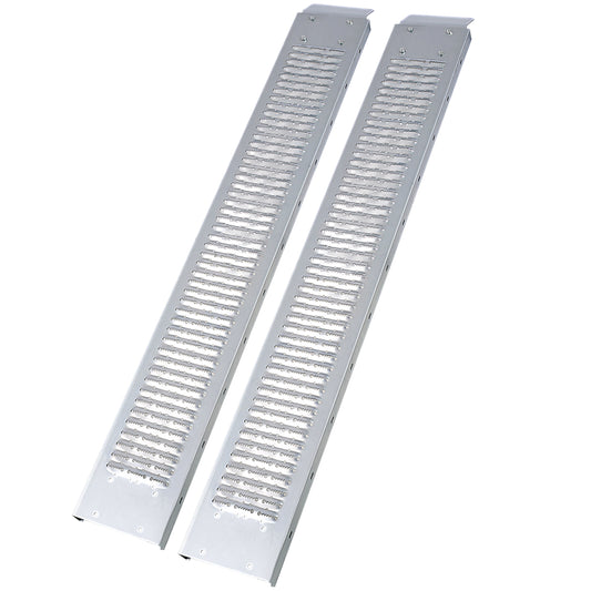 Pair of silver aluminum loading ramps with perforated grip surface