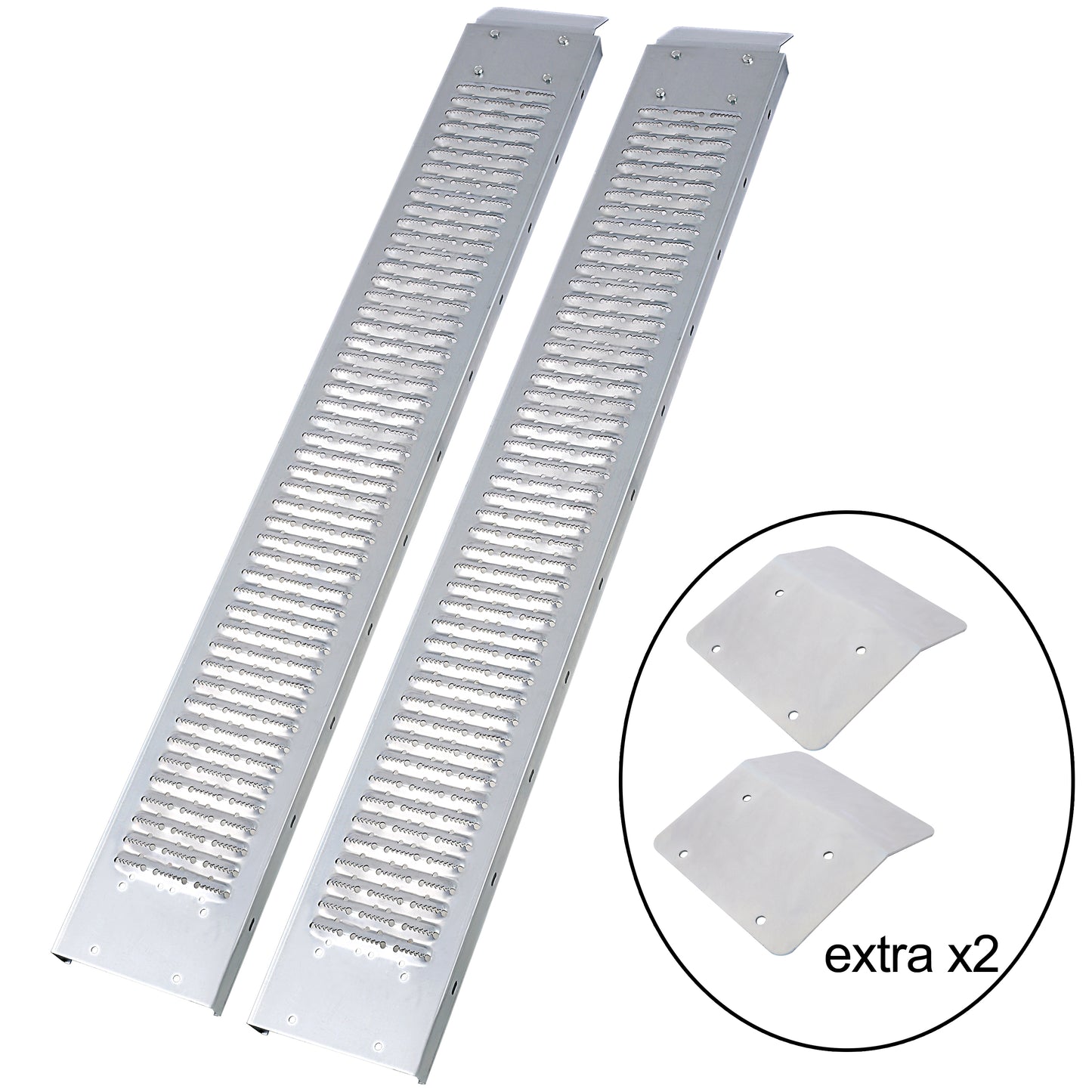 Pair of silver aluminum loading ramps with grated surface and included mounting plates