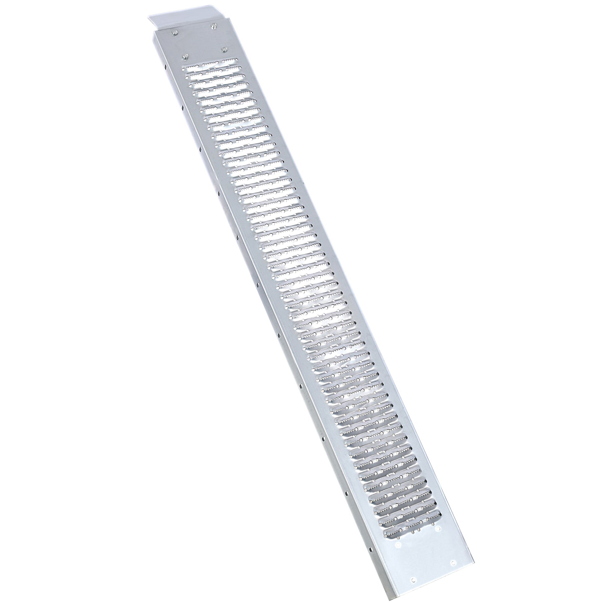 Silver metal ramp with perforated tread for improved grip and drainage