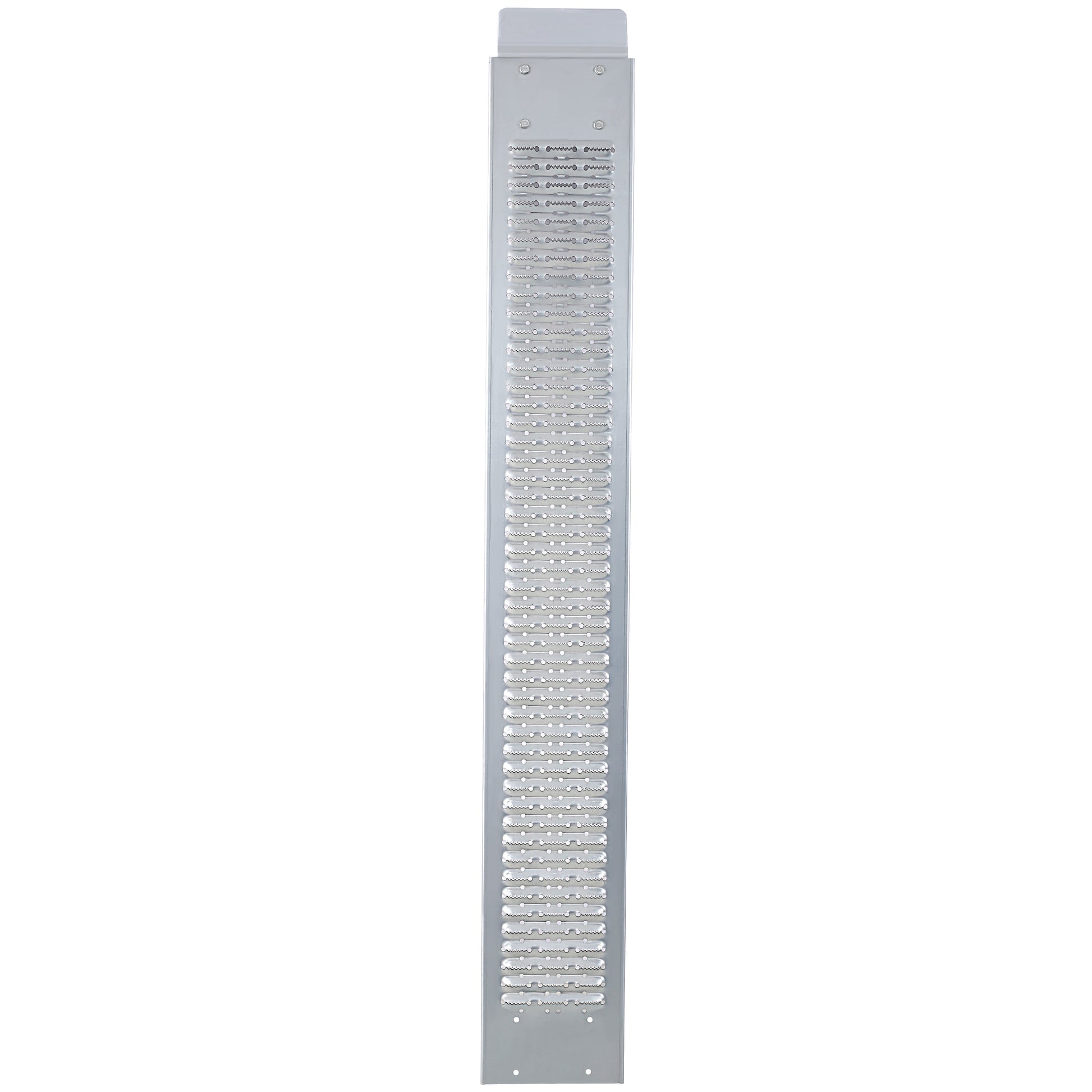 Long metal grater with multiple rows of sharp grating surfaces and circular holes