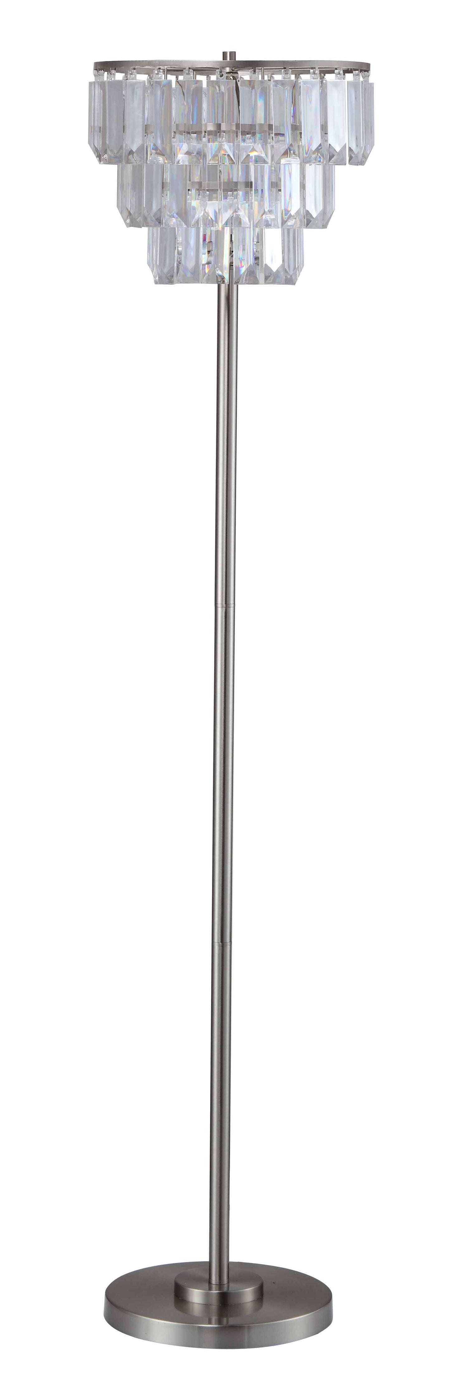 Modern brushed nickel floor lamp with faceted crystal accents and a round base