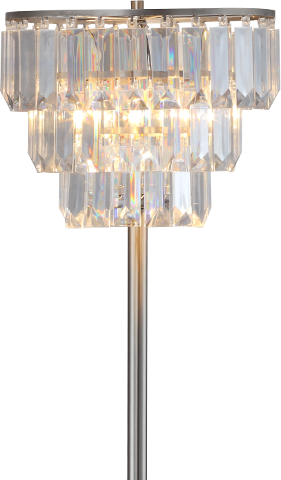 Sleek silver floor lamp with three tiers of faceted crystal accents and warm LED illumination
