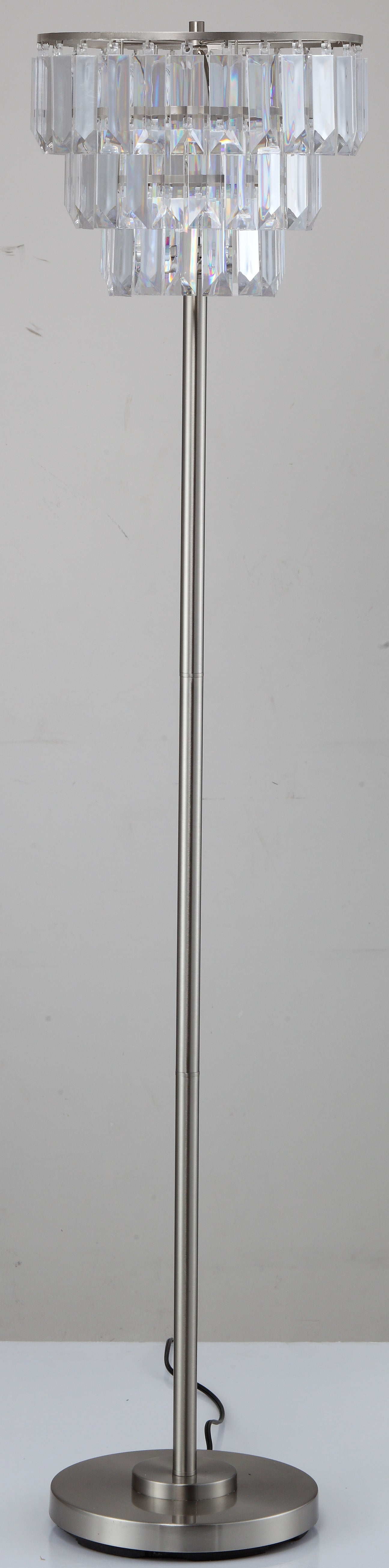 Brushed nickel floor lamp with cascading clear crystal accents for elegant living room lighting