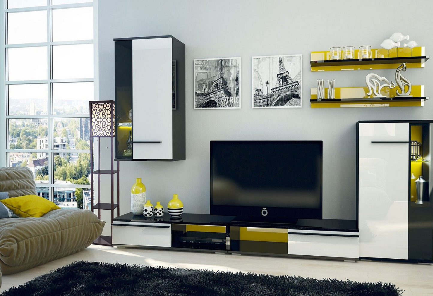 Modern black and white media console with yellow accents ideal for living rooms