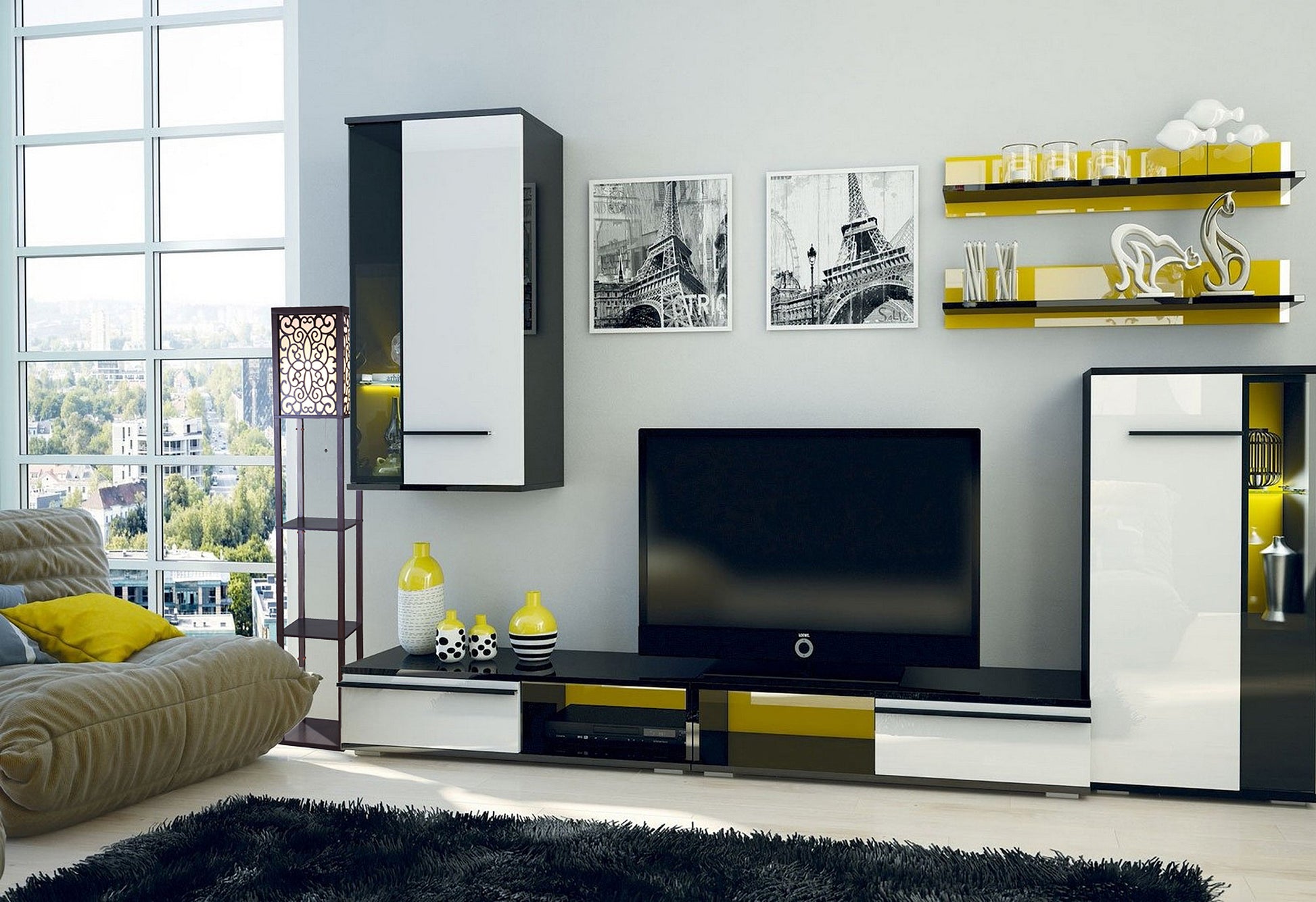 Modern black and white media console with yellow accents ideal for living rooms