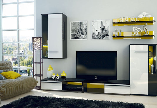Modern black and white media console with yellow accents ideal for living rooms
