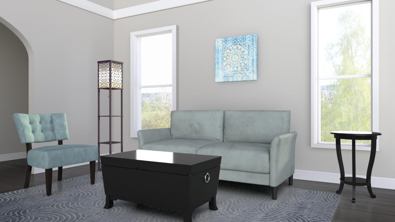 Light blue upholstered accent chair with tufted back and dark wood legs