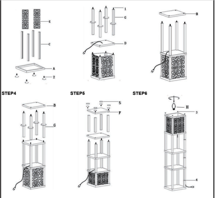 Diagram showing components for floor lamp assembly step  base screws decorative panels and poles