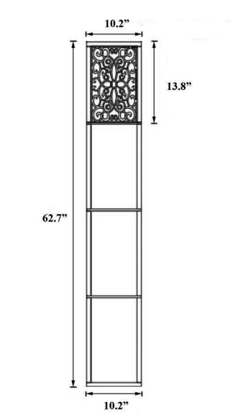 Tall decorative shelf unit with ornate metal top panel ideal for storage