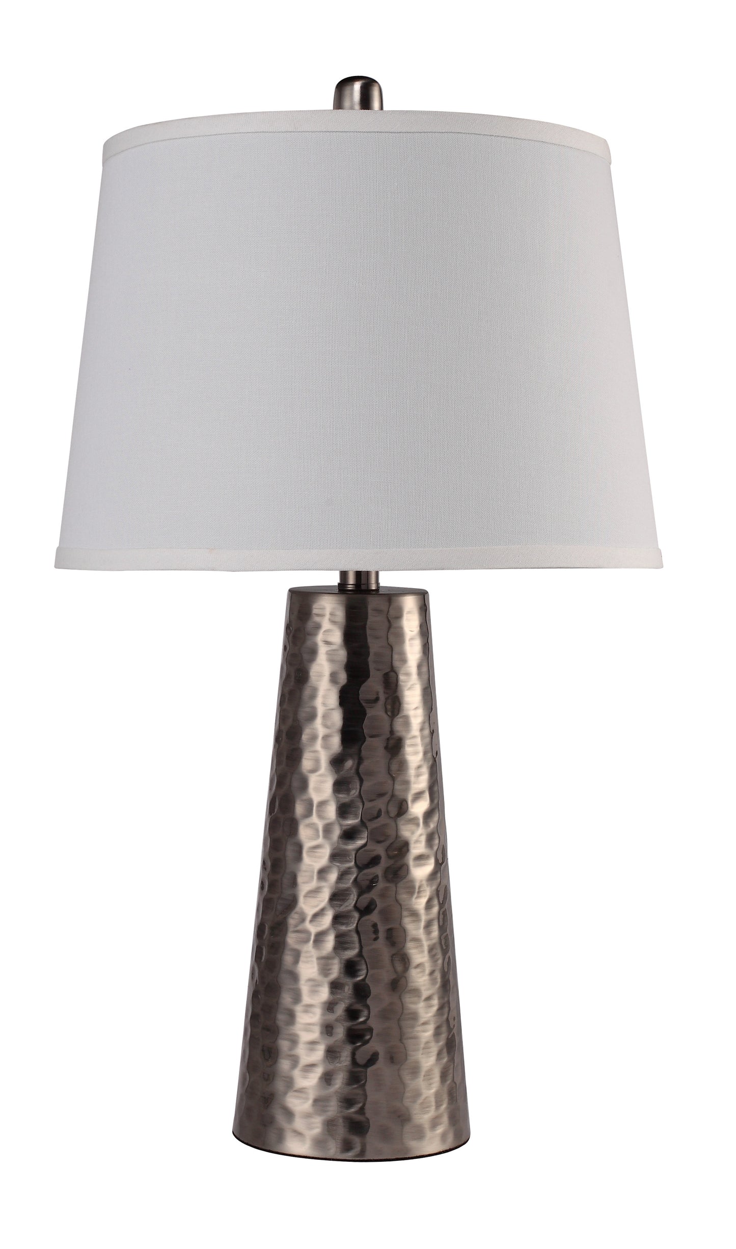 Pewter hammered base table lamp with a white linen shade and brushed nickel finial