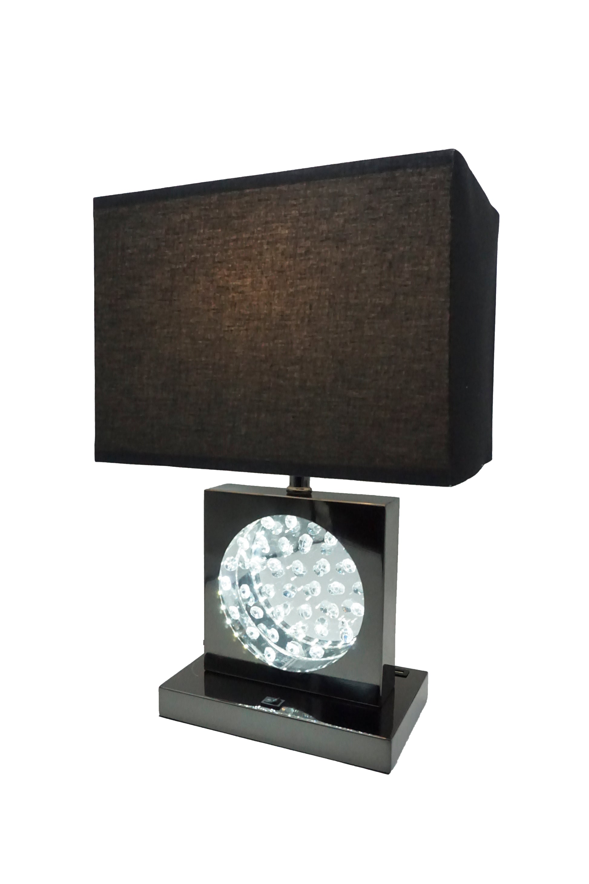 Modern black rectangular table lamp with a textured fabric shade and crystal accent base