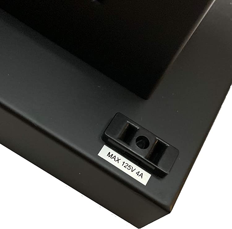 Black metal housing with power input label and integrated socket