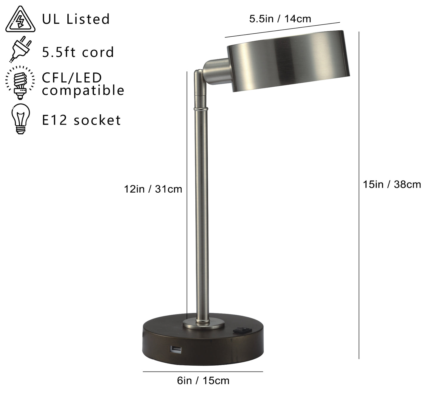 Brushed nickel adjustable desk lamp with USB port cm tall