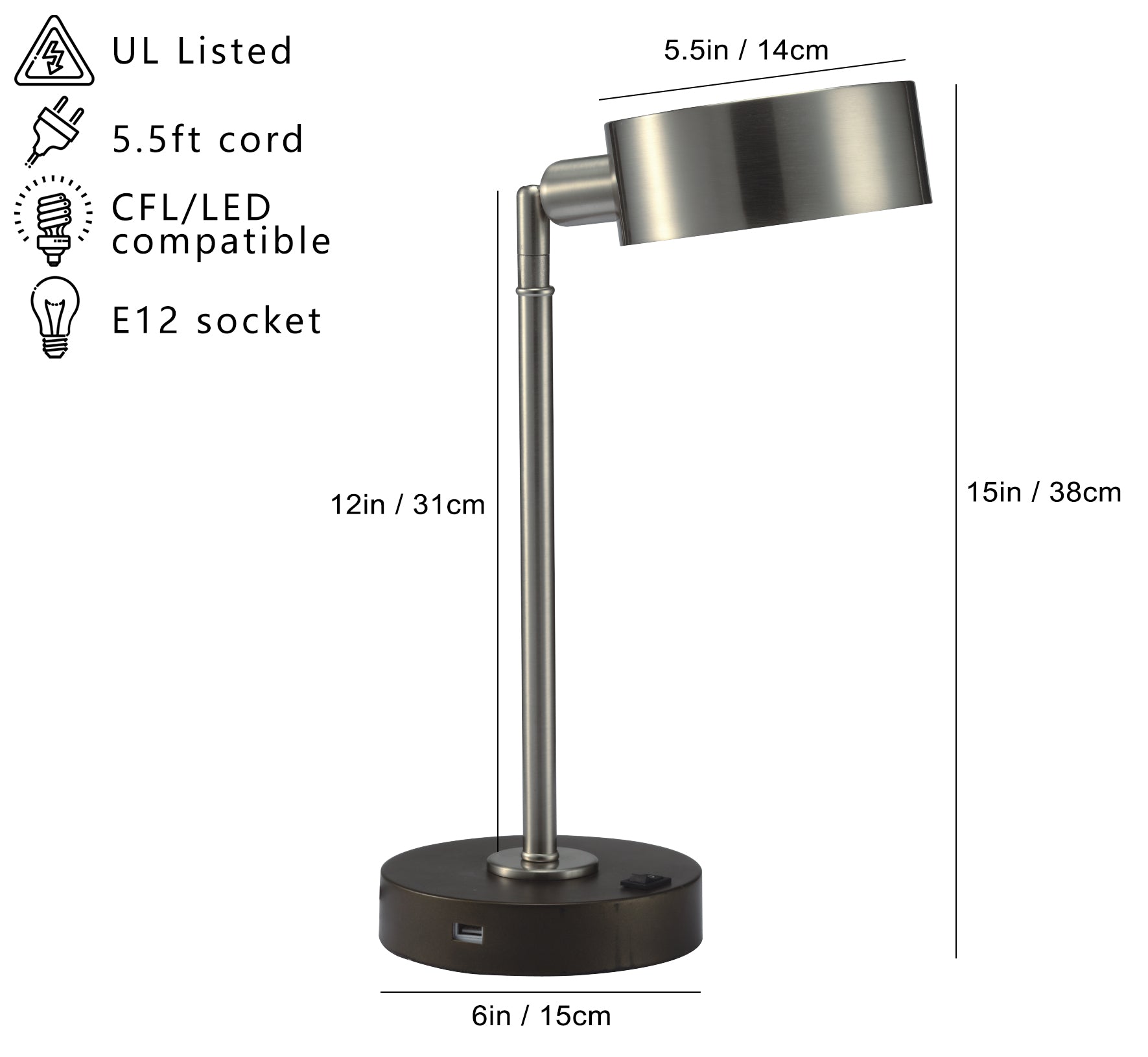 Brushed nickel adjustable desk lamp with USB port cm tall