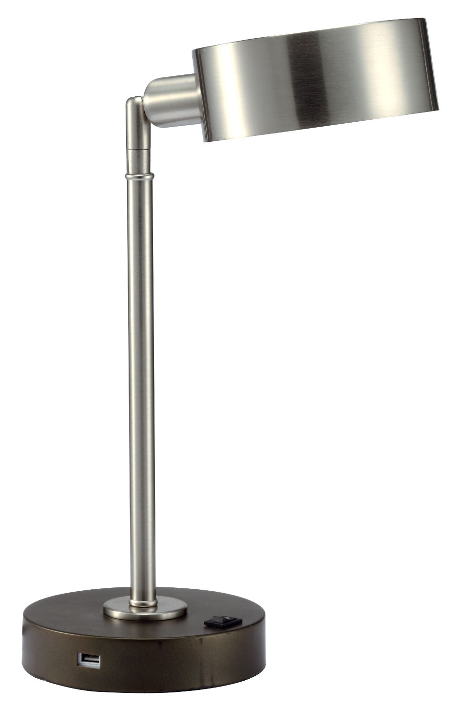 Brushed nickel adjustable desk lamp with USB charging port and power switch