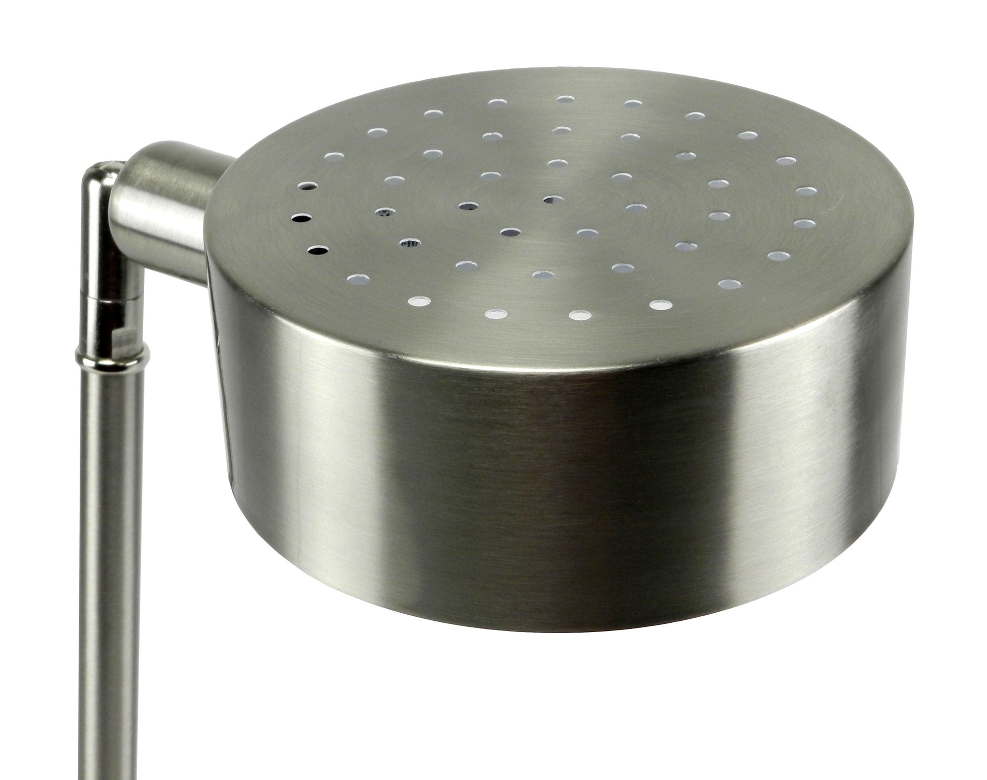 Modern brushed nickel desk lamp with perforated shade and adjustable arm