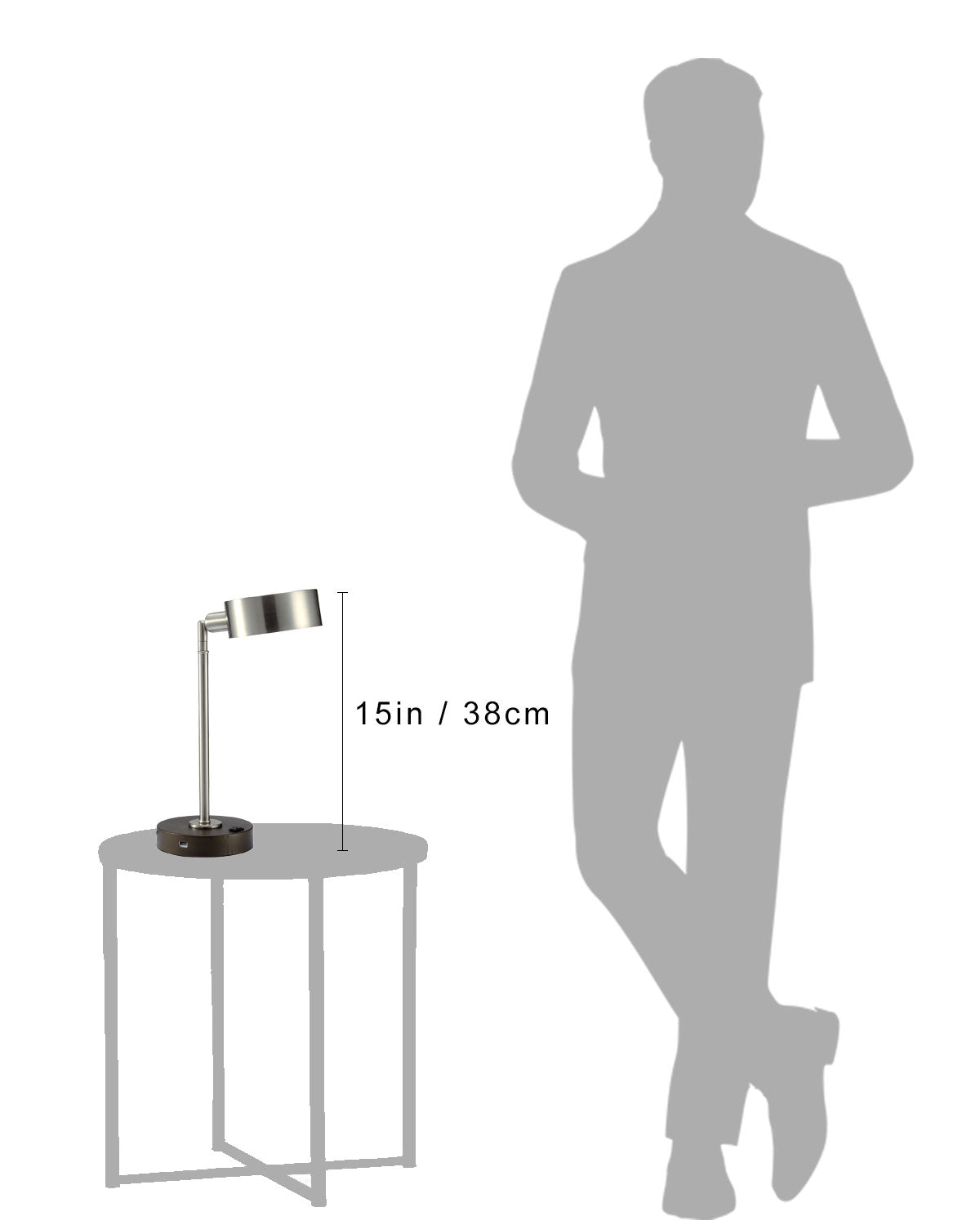 Modern brushed nickel LED desk lamp with adjustable neck and USB port on a dark wood base