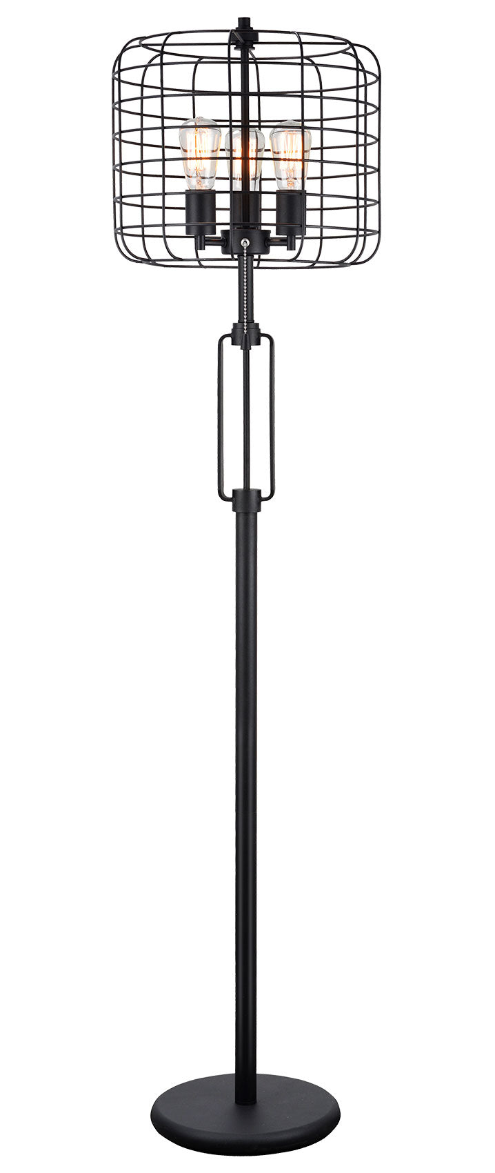Industrial black metal floor lamp with three exposed Edison bulbs and a wire cage shade