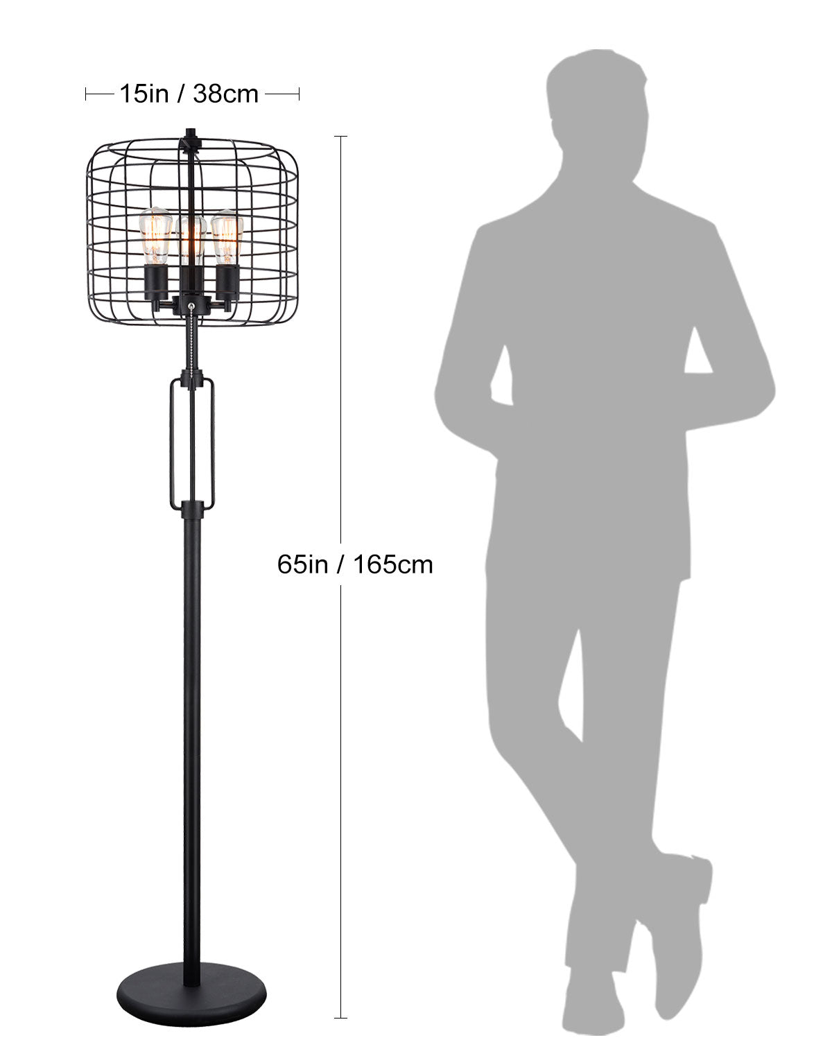 Black industrial cage floor lamp with three Edison bulbs