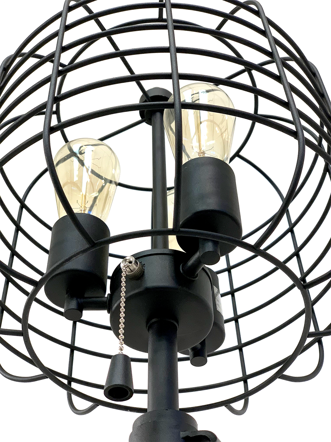 Industrial black metal cage desk lamp with exposed Edison bulbs