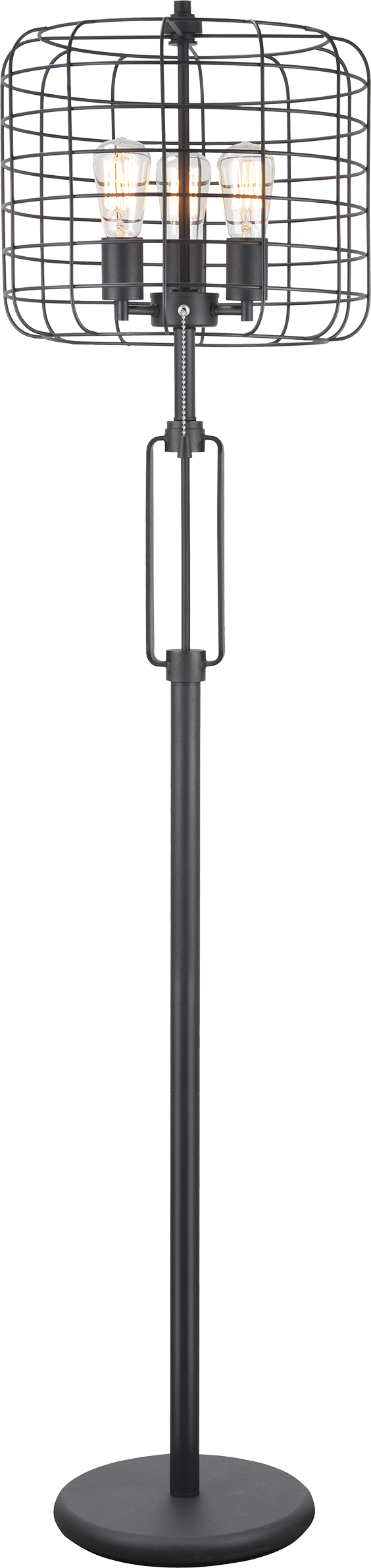 Black metal industrial floor lamp with three exposed filament bulbs and cage design
