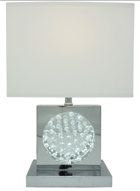 Modern chrome table lamp with rectangular white shade and a square base featuring a circular crystal accent