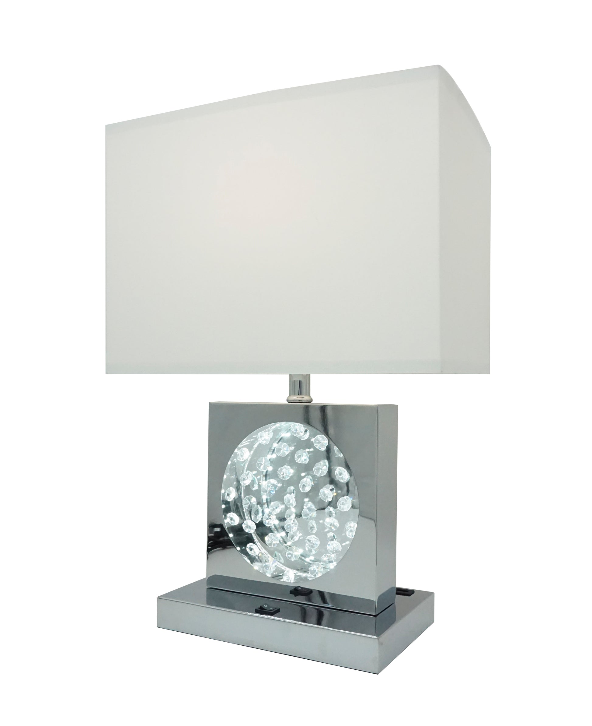 Modern chrome table lamp with rectangular white shade and crystal orb accent