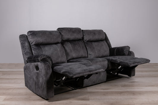 Dark gray fabric seater recliner sofa with plush cushions and extended footrests