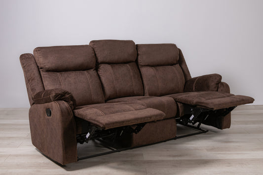 Brown fabric seater recliner sofa with plush cushions and contrast stitching