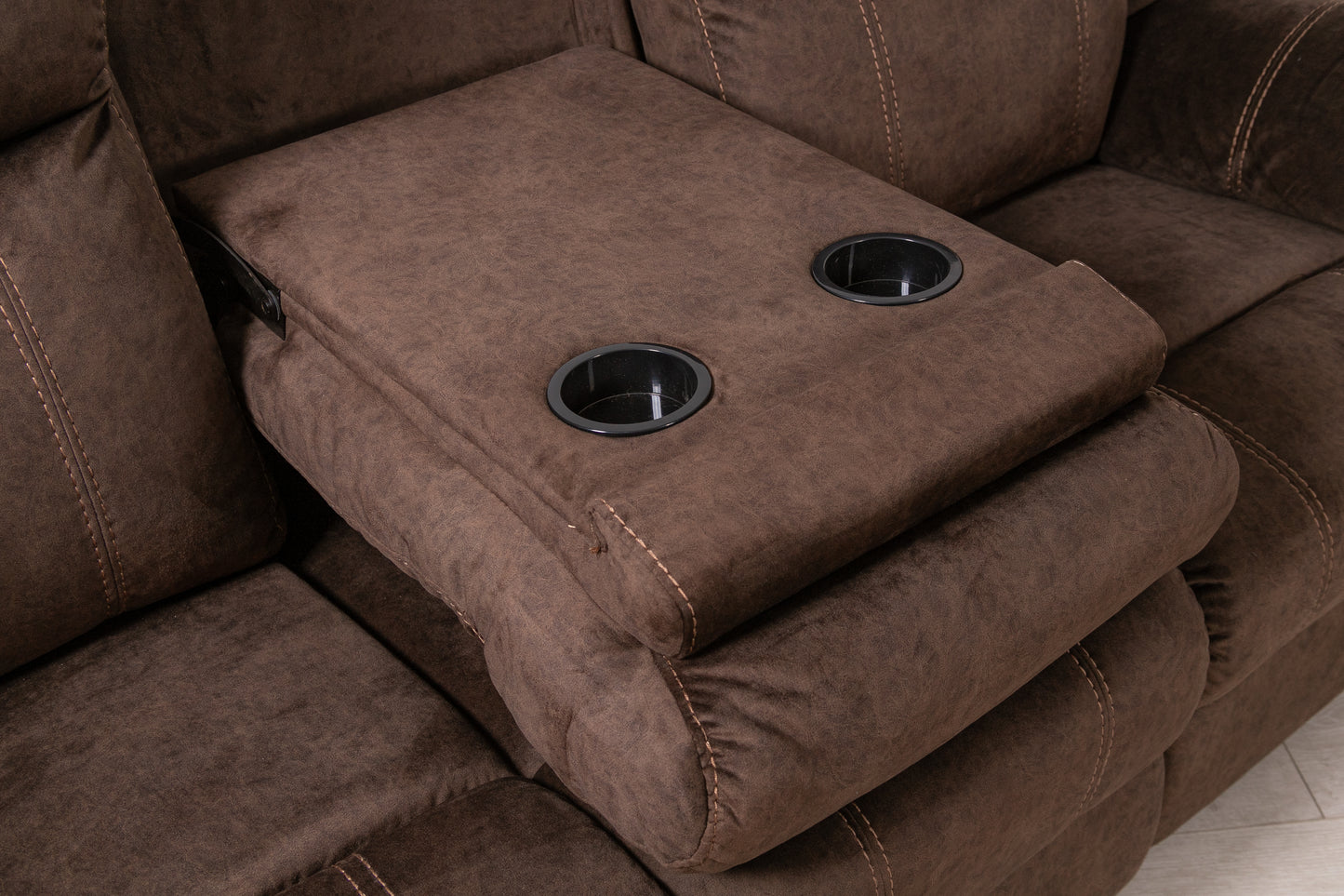Brown fabric reclining sofa armrest with dual cup holders for ultimate comfort and convenience