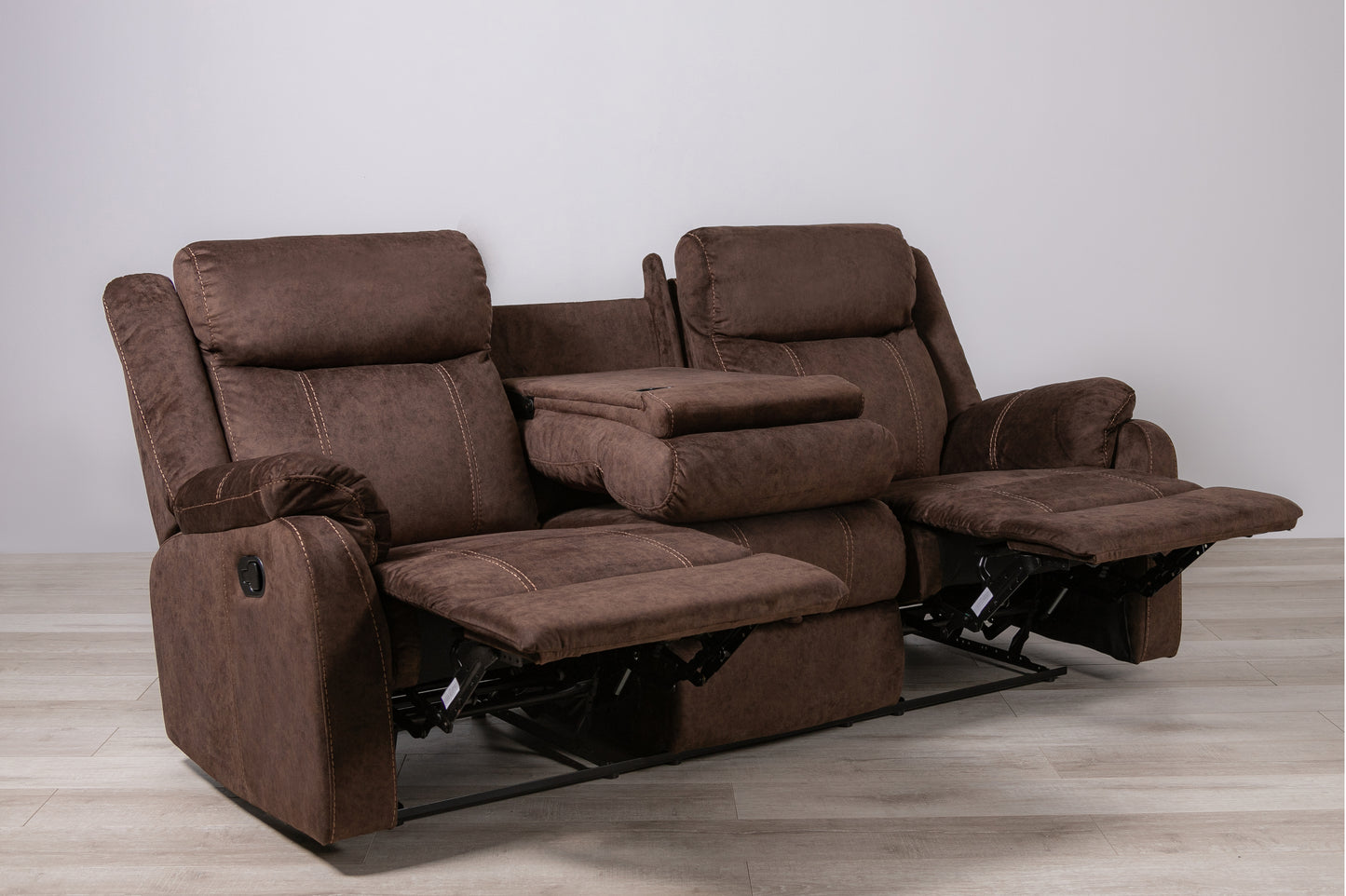 Brown fabric dual reclining loveseat with builtin center console and cup holders for home theater seating