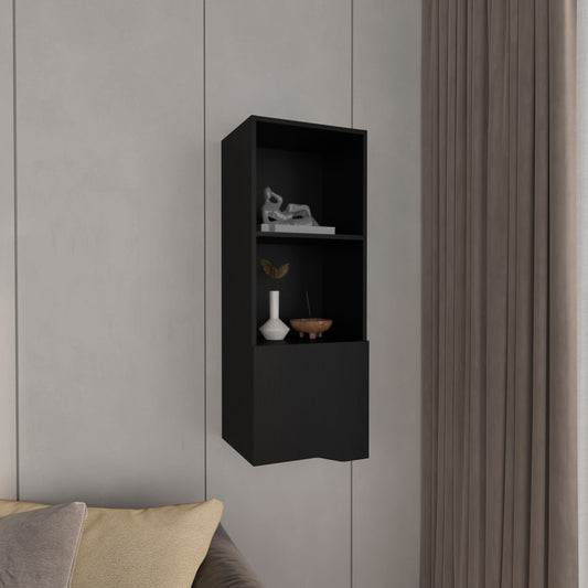 Black modern wall shelf with two open compartments and one closed cabinet