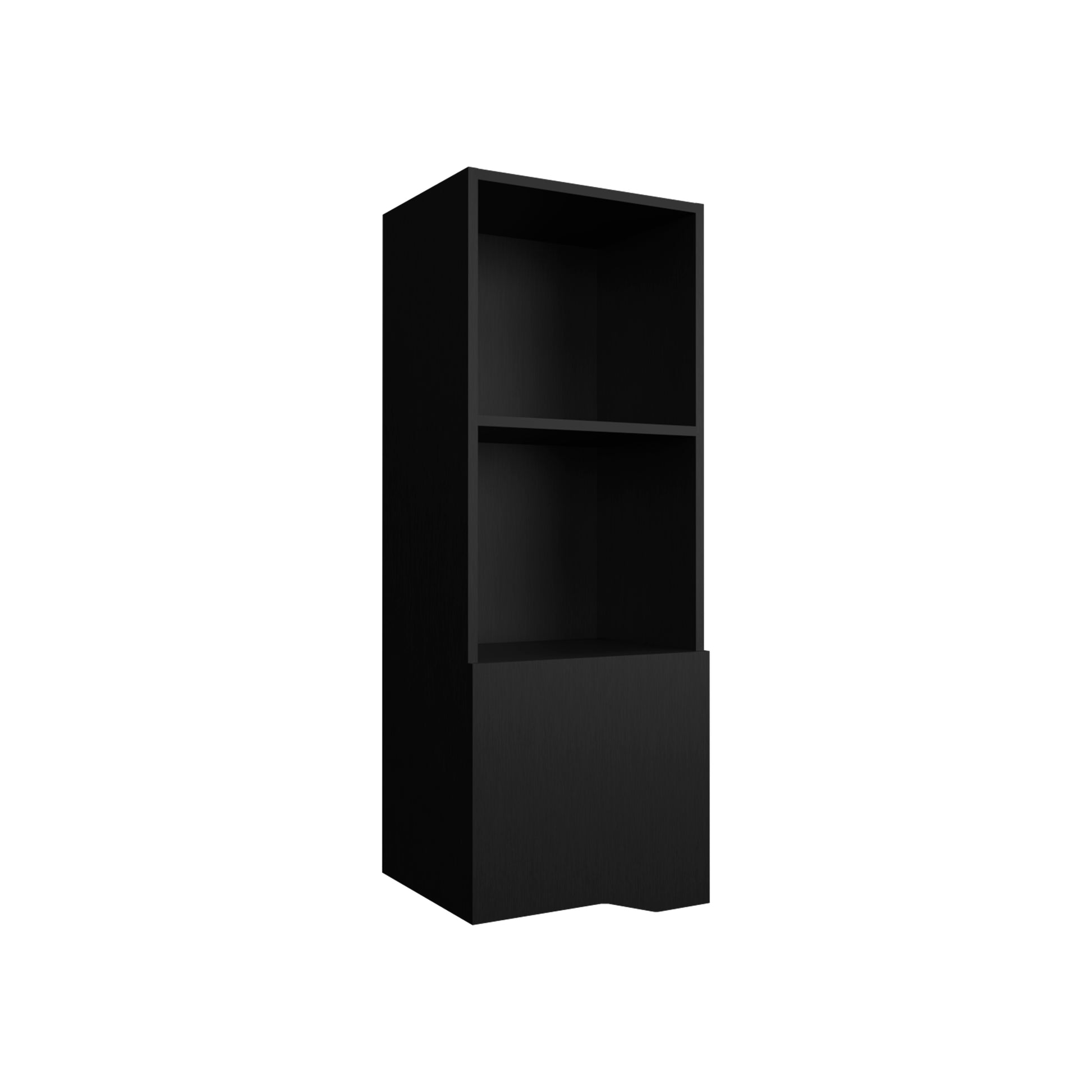 Modern black tall shelving unit with one door and two open shelves