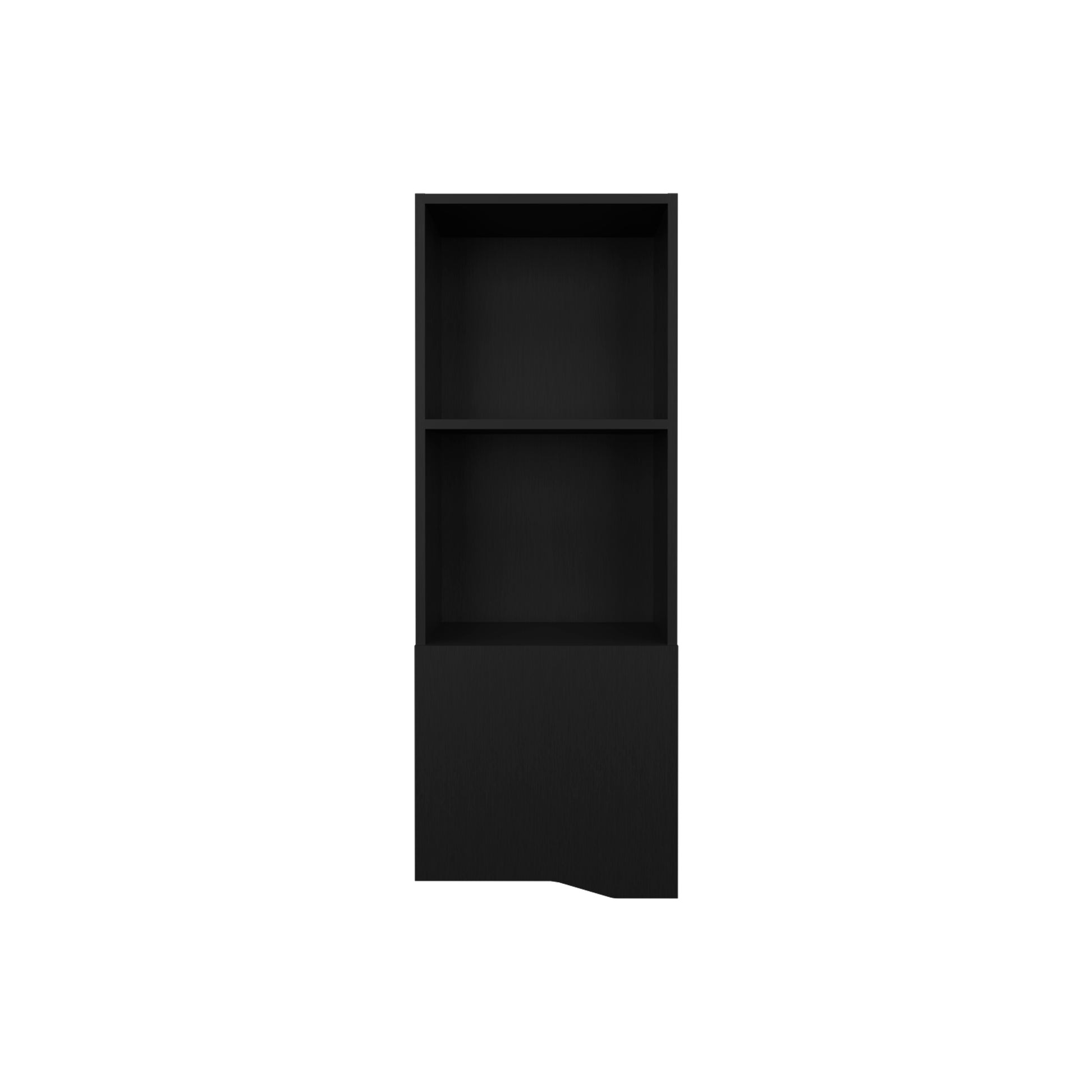 Modern black modular shelving unit with two open shelves and a closed cabinet