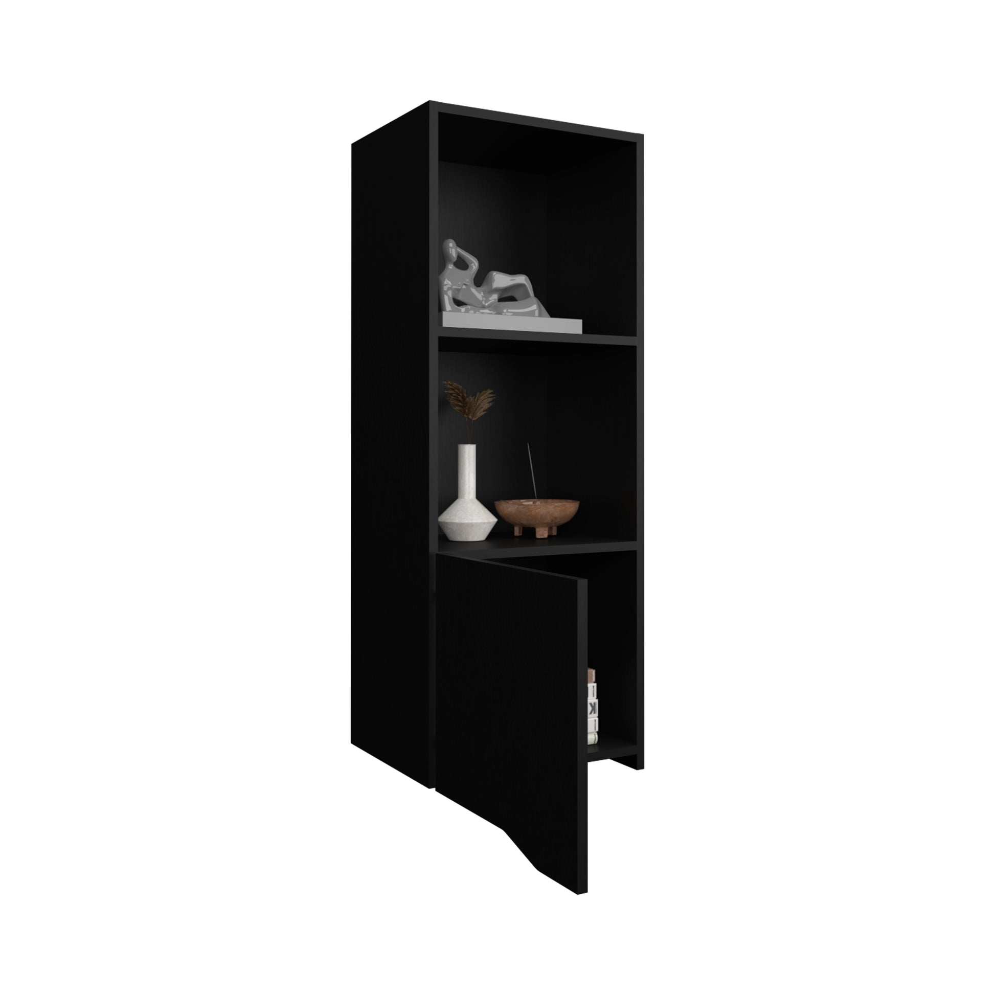 Sleek black narrow bookshelf with open shelves displaying modern decor Perfect for tight spaces