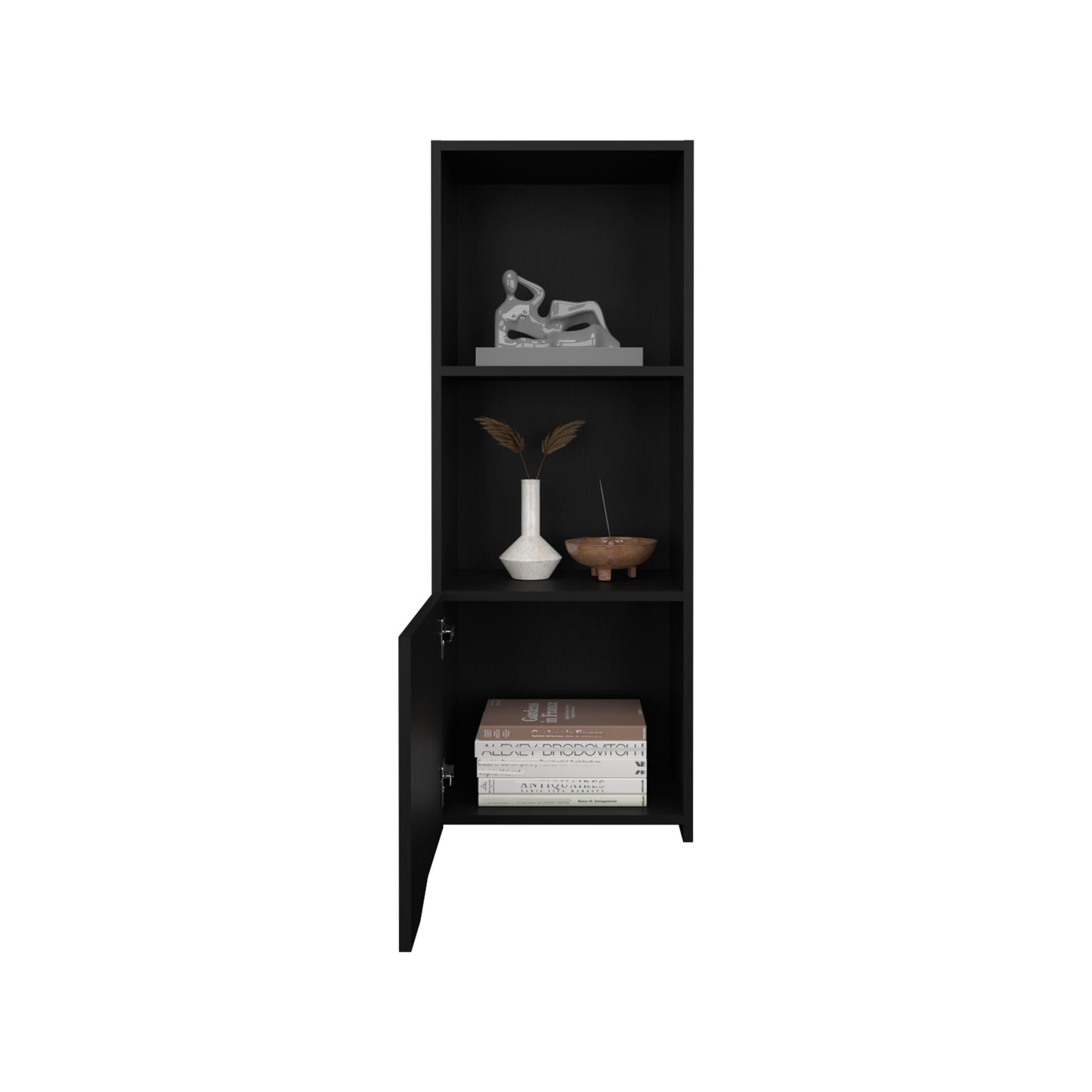 Black narrow shelving unit with open door displaying books vase and decor
