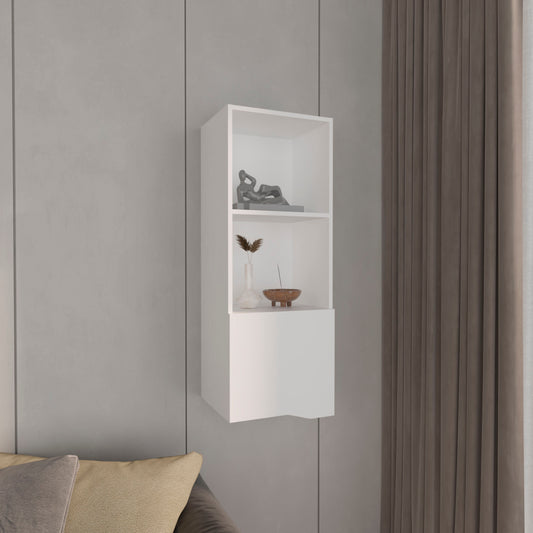 Minimalist white wall shelf with modern art sculpture and vase decor