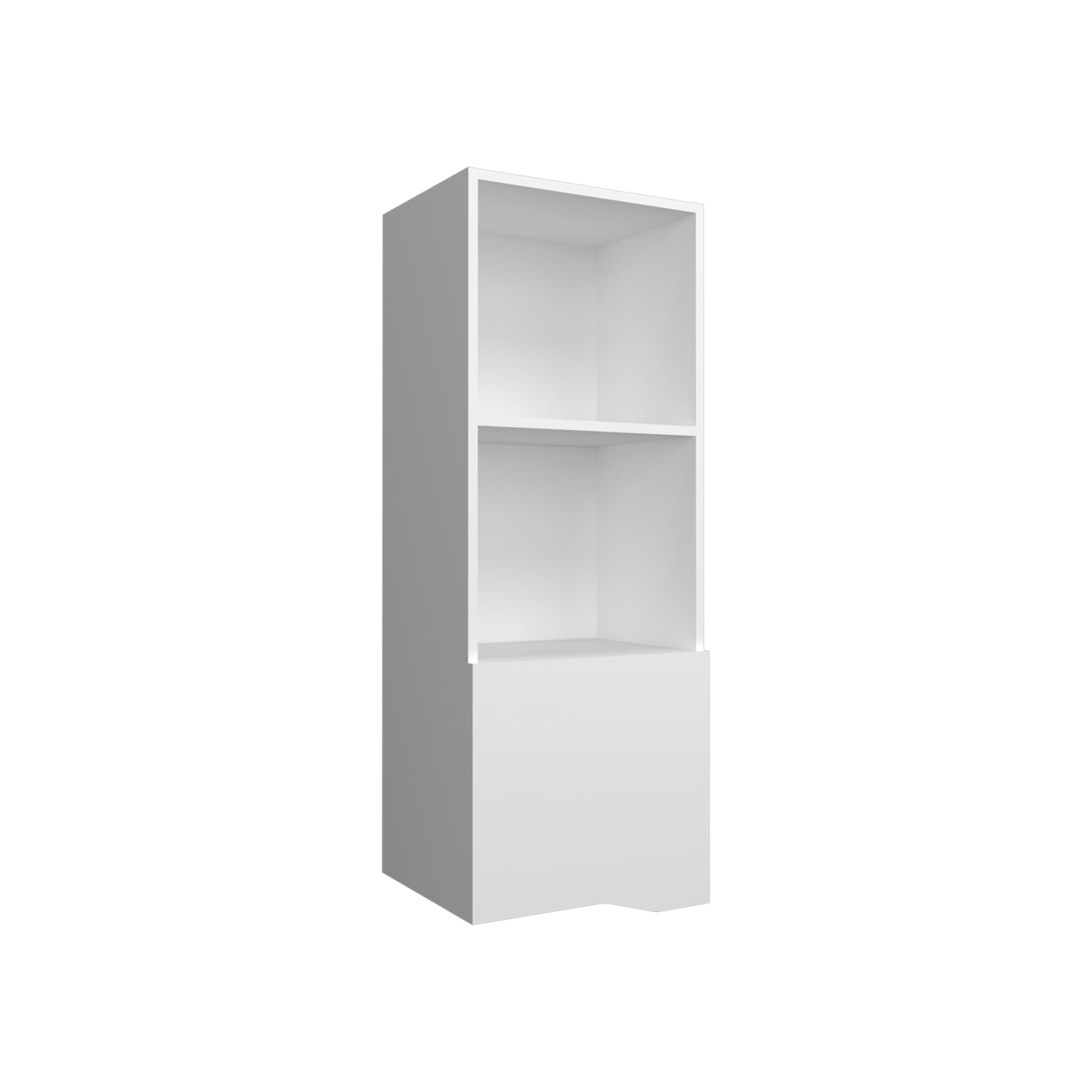 Tall white modular shelving unit with one drawer at the bottom and two open shelves