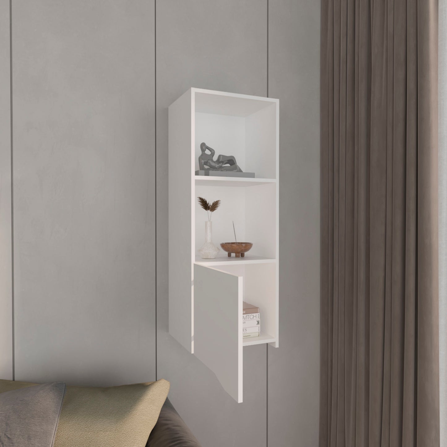 Modern white wall shelf with open compartments and a cabinet door for display