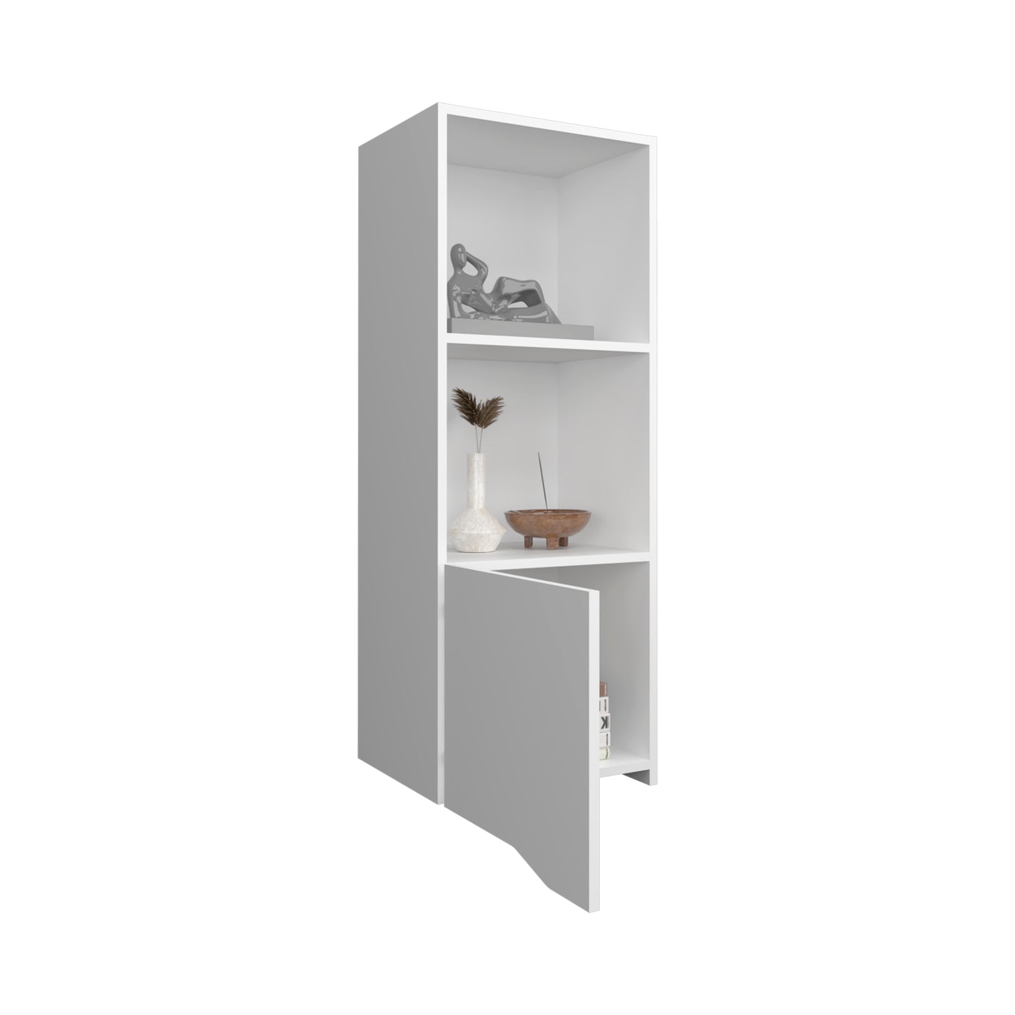 Modern white modular shelving unit with open compartments and a halfopen grey door displaying decorative items