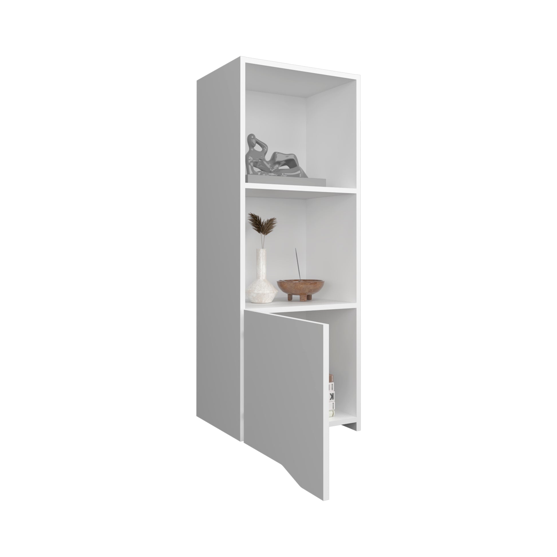 Modern white modular shelving unit with open compartments and a halfopen grey door displaying decorative items