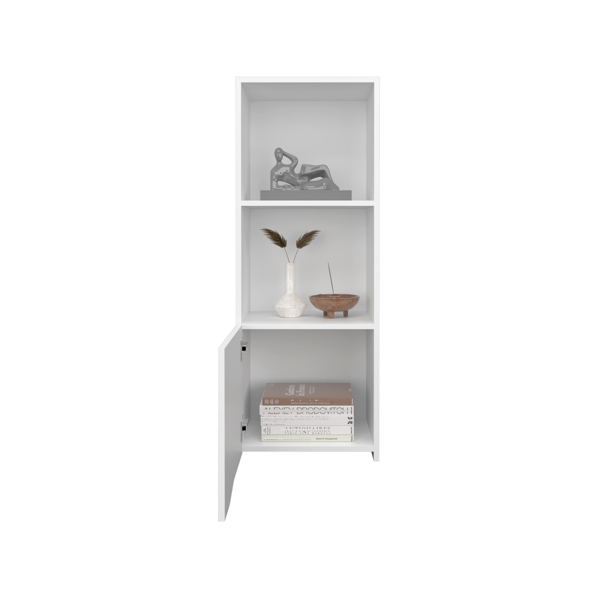 White narrow bookshelf with one open shelf displaying decorative objects and a closed cabinet with books