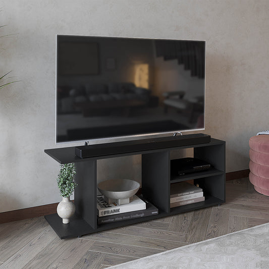Modern dark gray TV stand with open shelving and soundbar placement