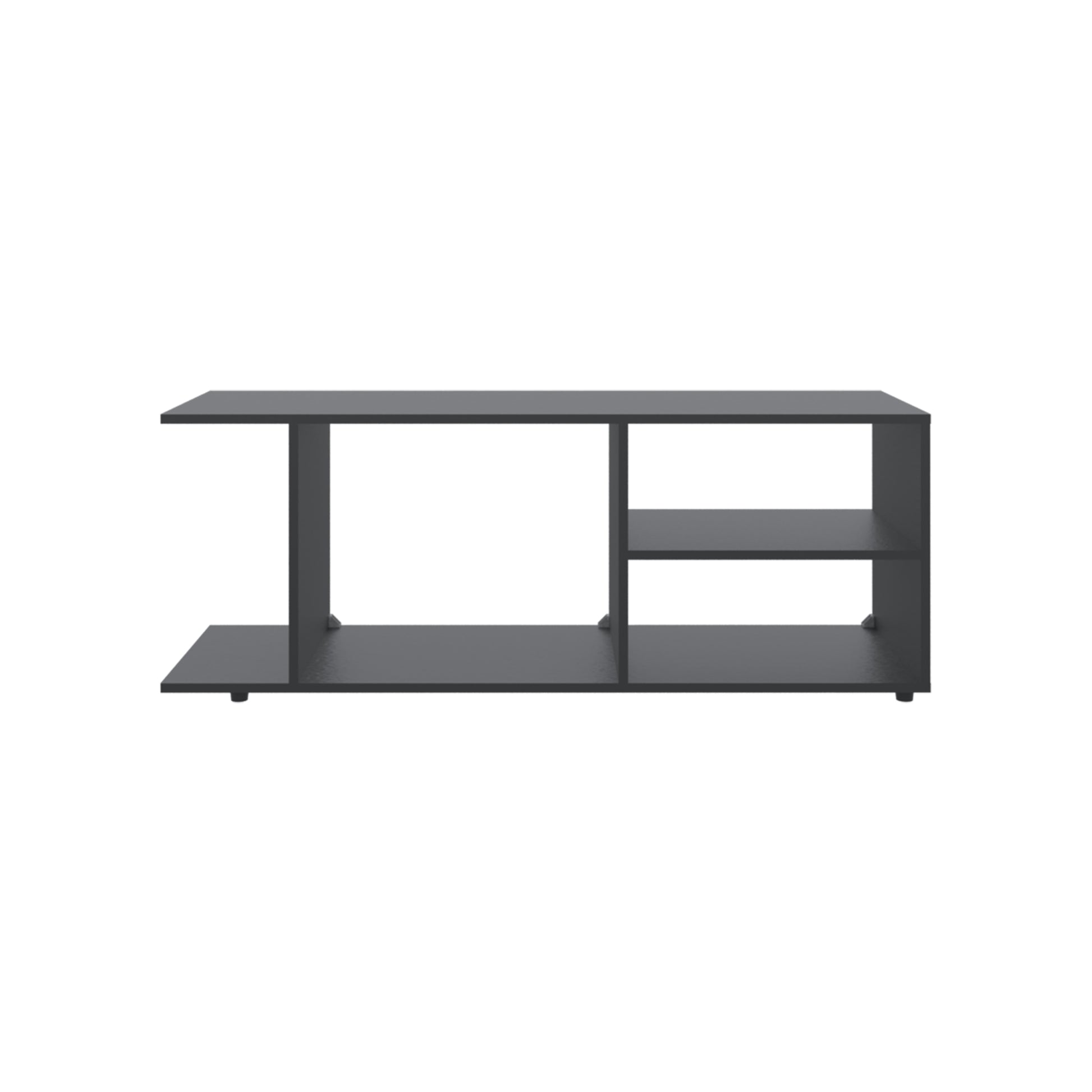 Modern dark grey media console with two shelves and open compartments